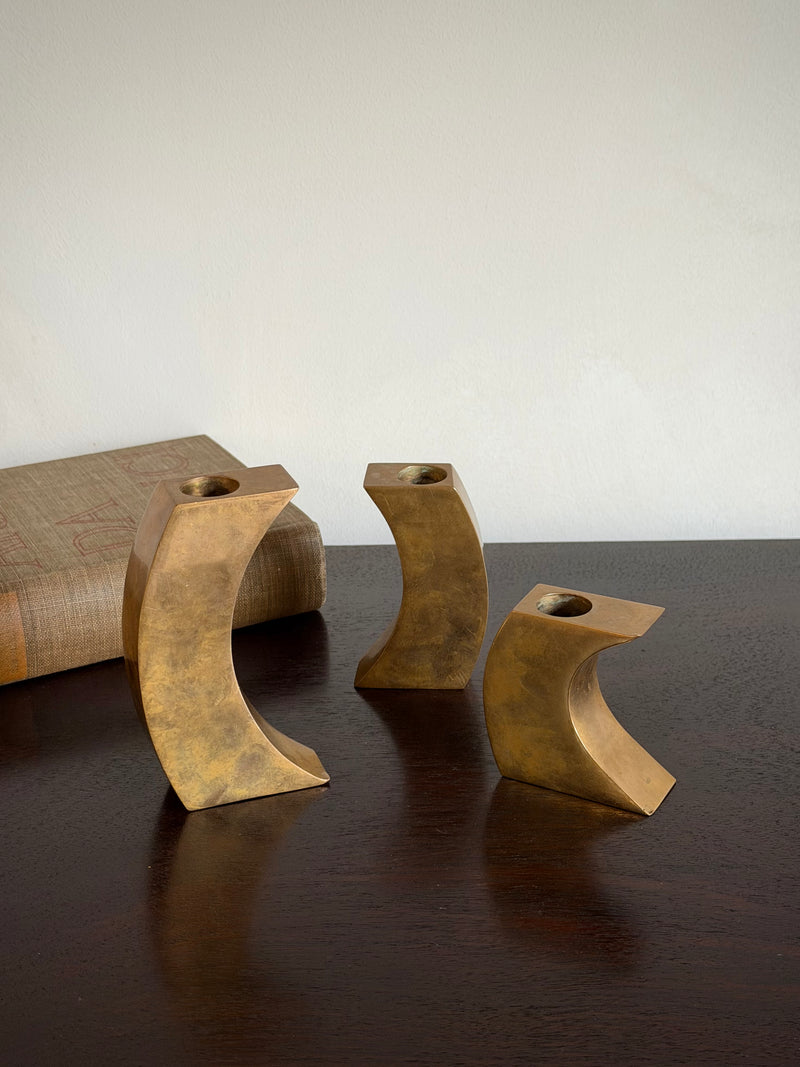 Set of Three Sculptural Solid Brass Candlesticks