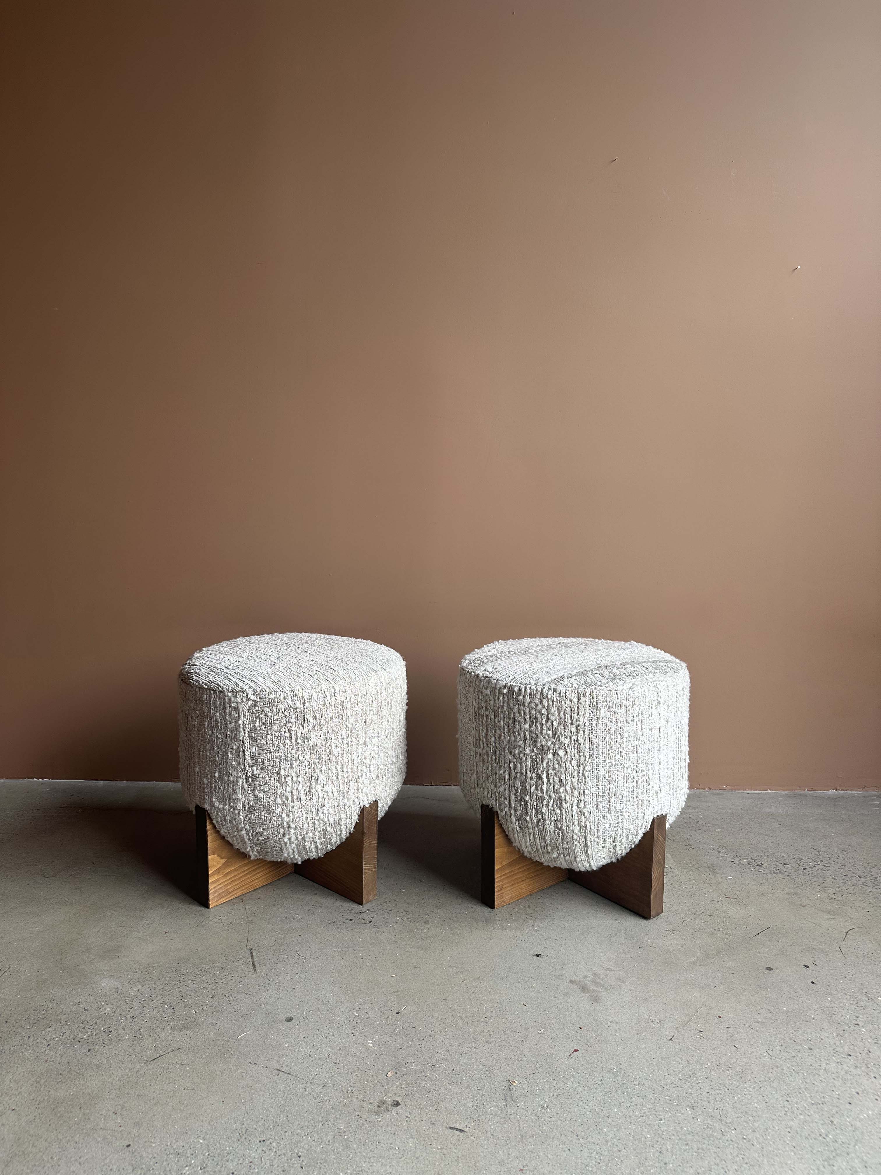 Vintage Oak & Boucle Stools, Pair