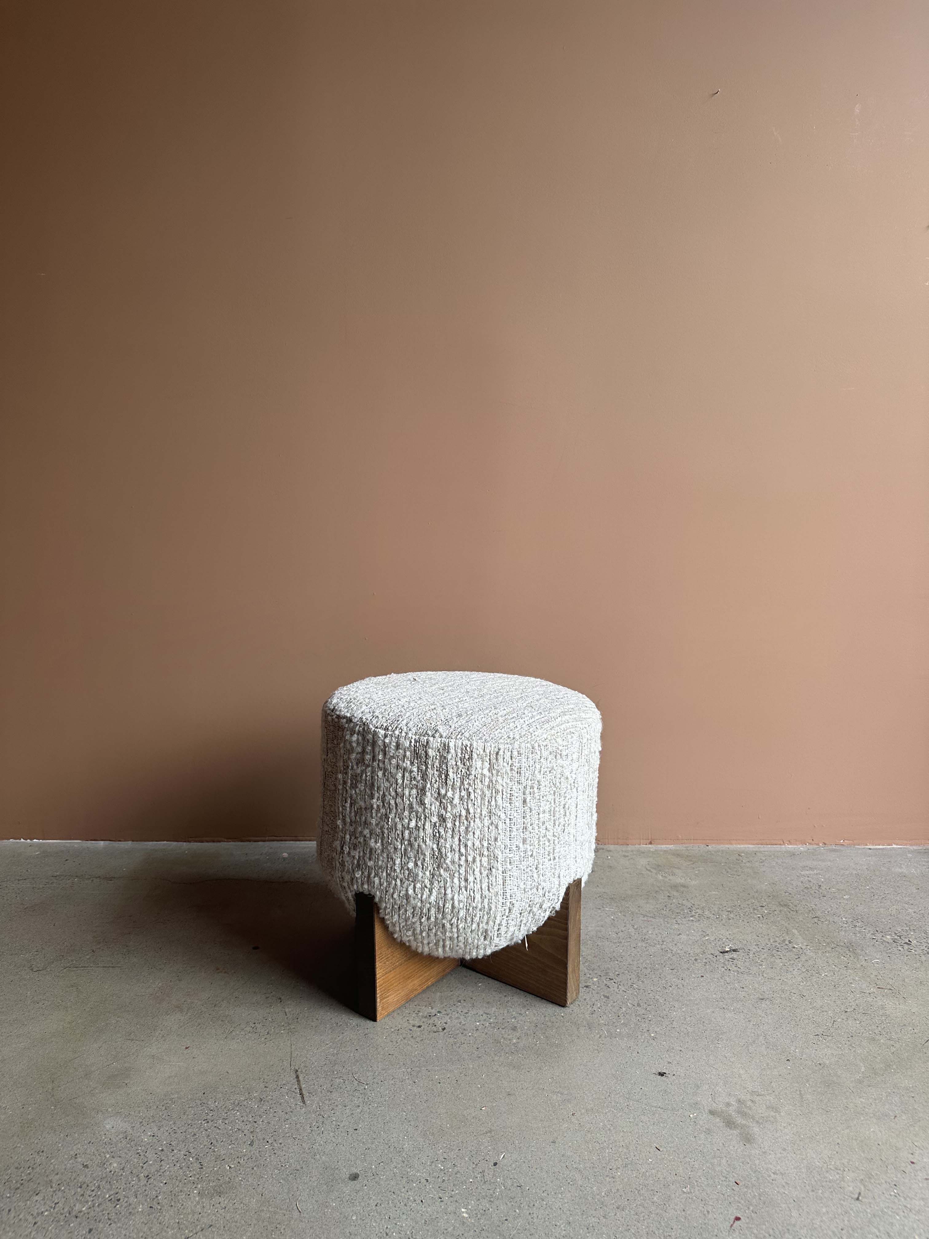 Vintage Oak & Boucle Stools, Pair
