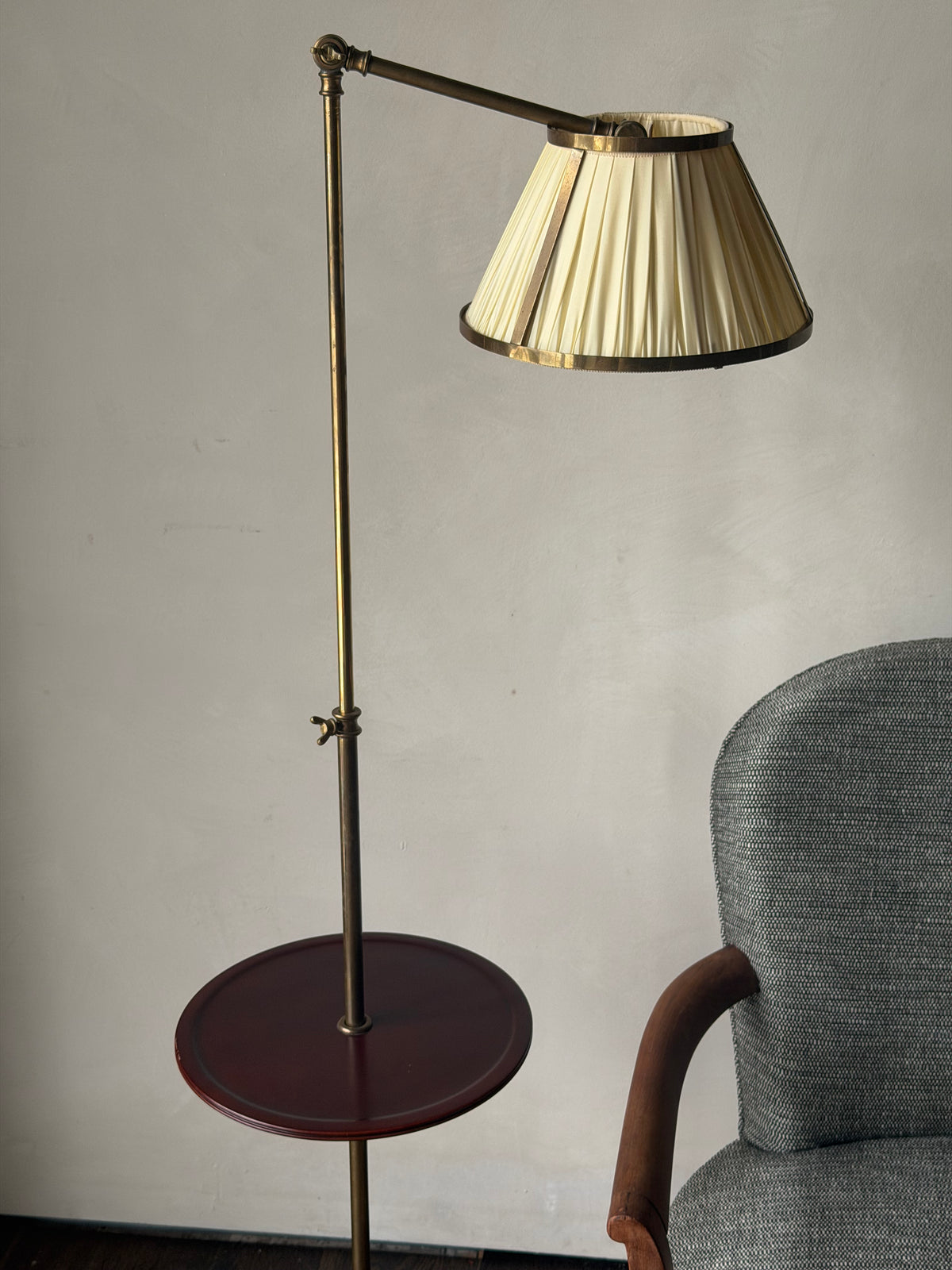 French Adjustable Brass Floor Lamp with Side Table