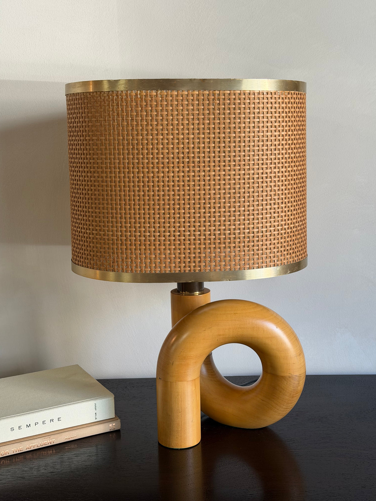 Italian Wood Table Lamp with Cane Shade, 1970s