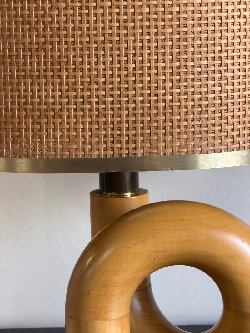 Italian Wood Table Lamp with Cane Shade, 1970s