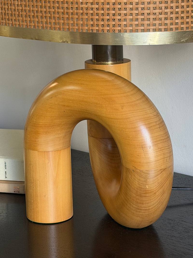 Italian Wood Table Lamp with Cane Shade, 1970s