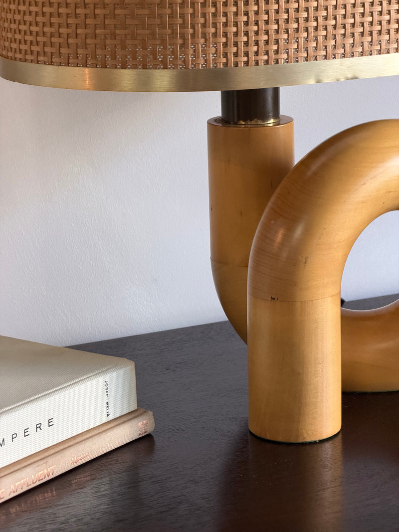 Italian Wood Table Lamp with Cane Shade, 1970s