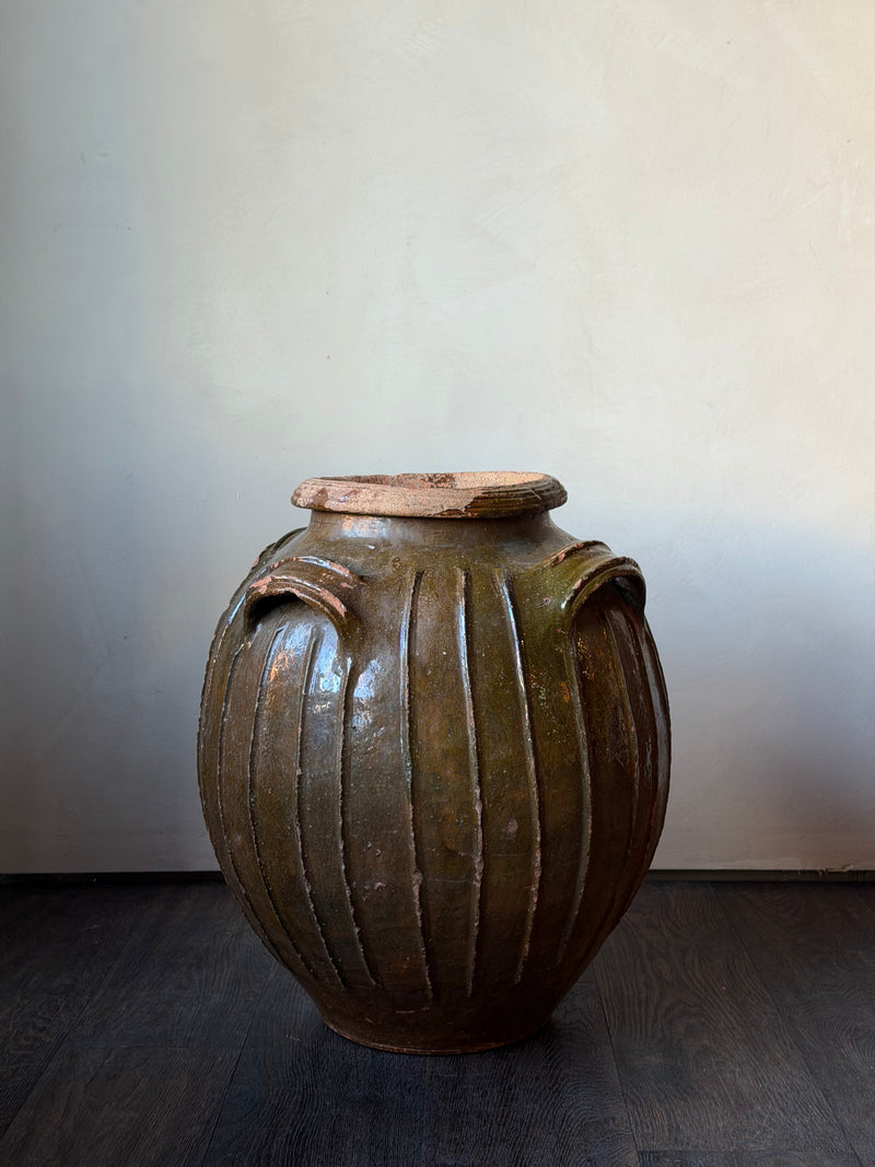 French Olive Green Glazed Terracotta Jar with Ribbed Body