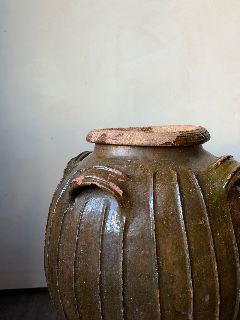 French Olive Green Glazed Terracotta Jar with Ribbed Body