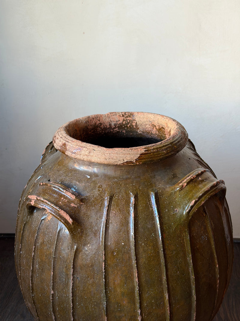 French Olive Green Glazed Terracotta Jar with Ribbed Body