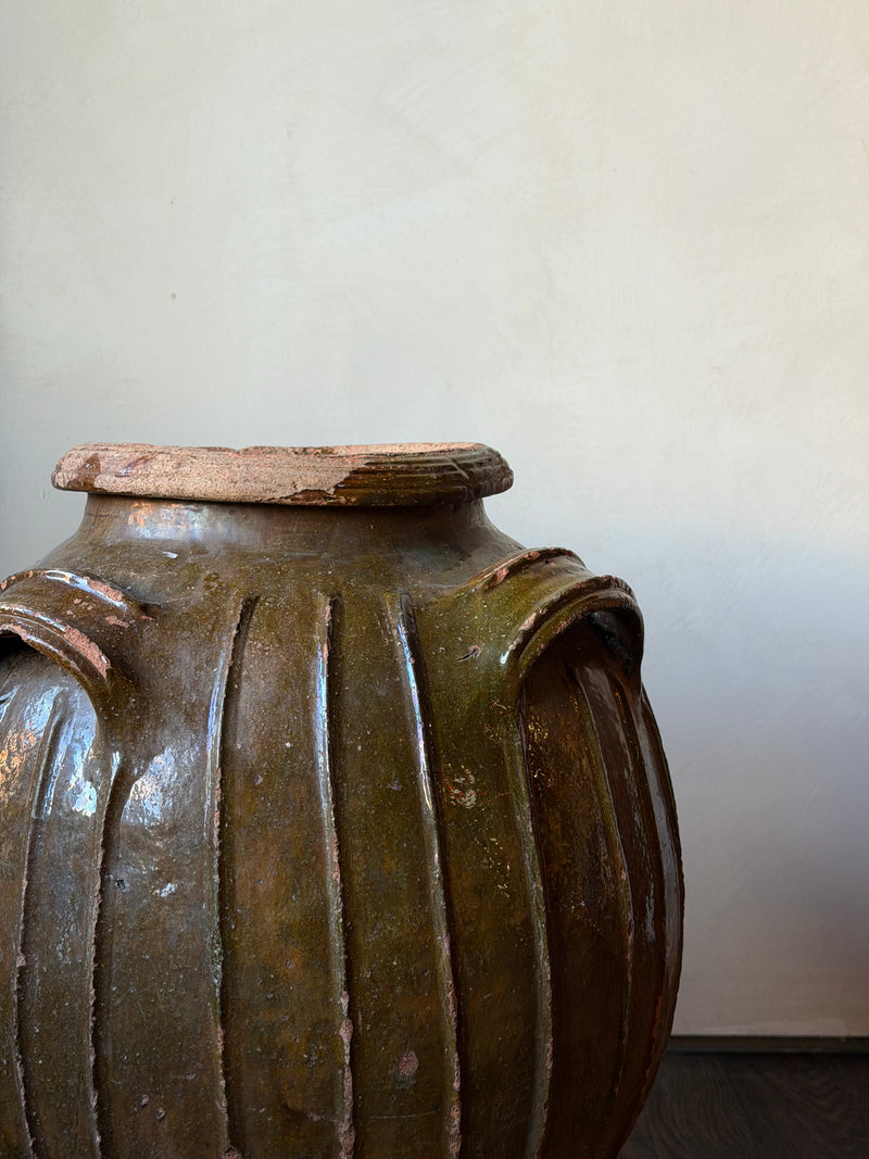 French Olive Green Glazed Terracotta Jar with Ribbed Body