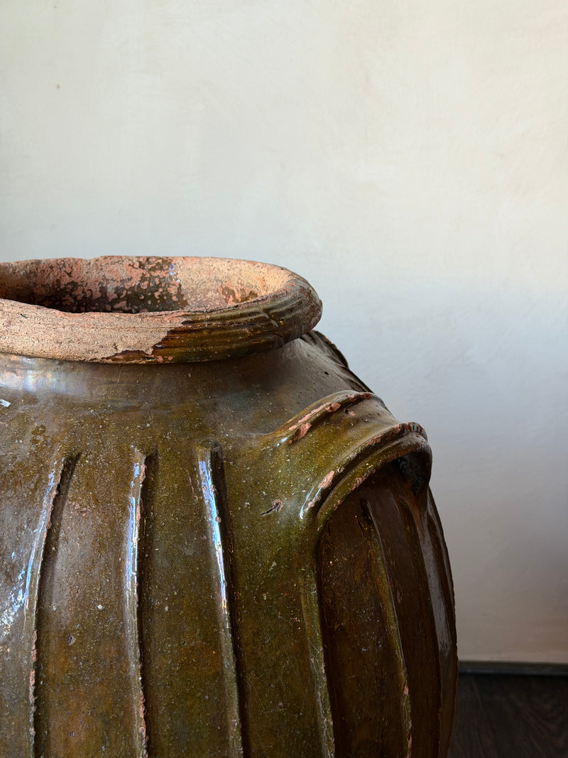 French Olive Green Glazed Terracotta Jar with Ribbed Body