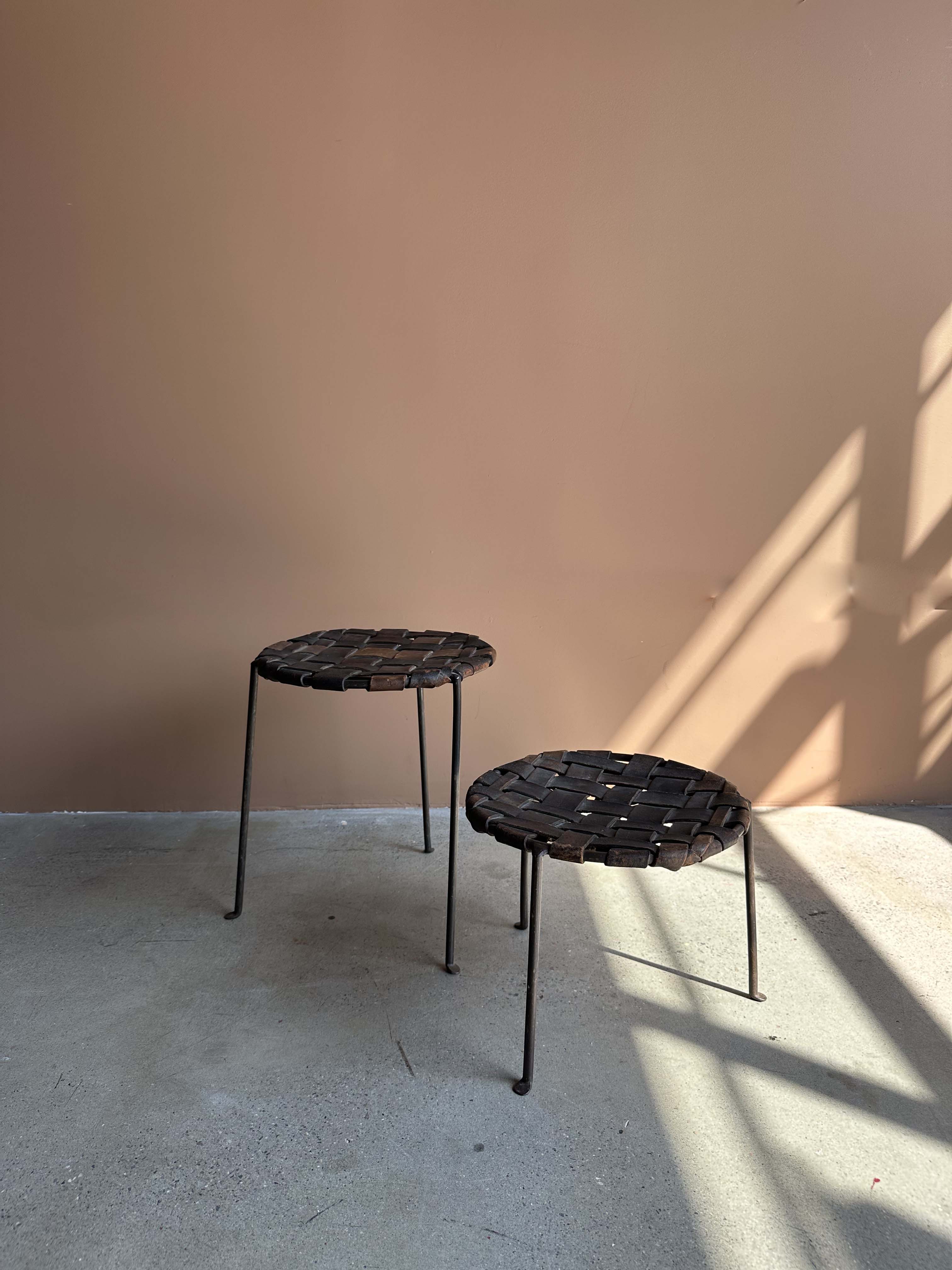 Swift and Monell Woven Leather Iron Stools, Pair