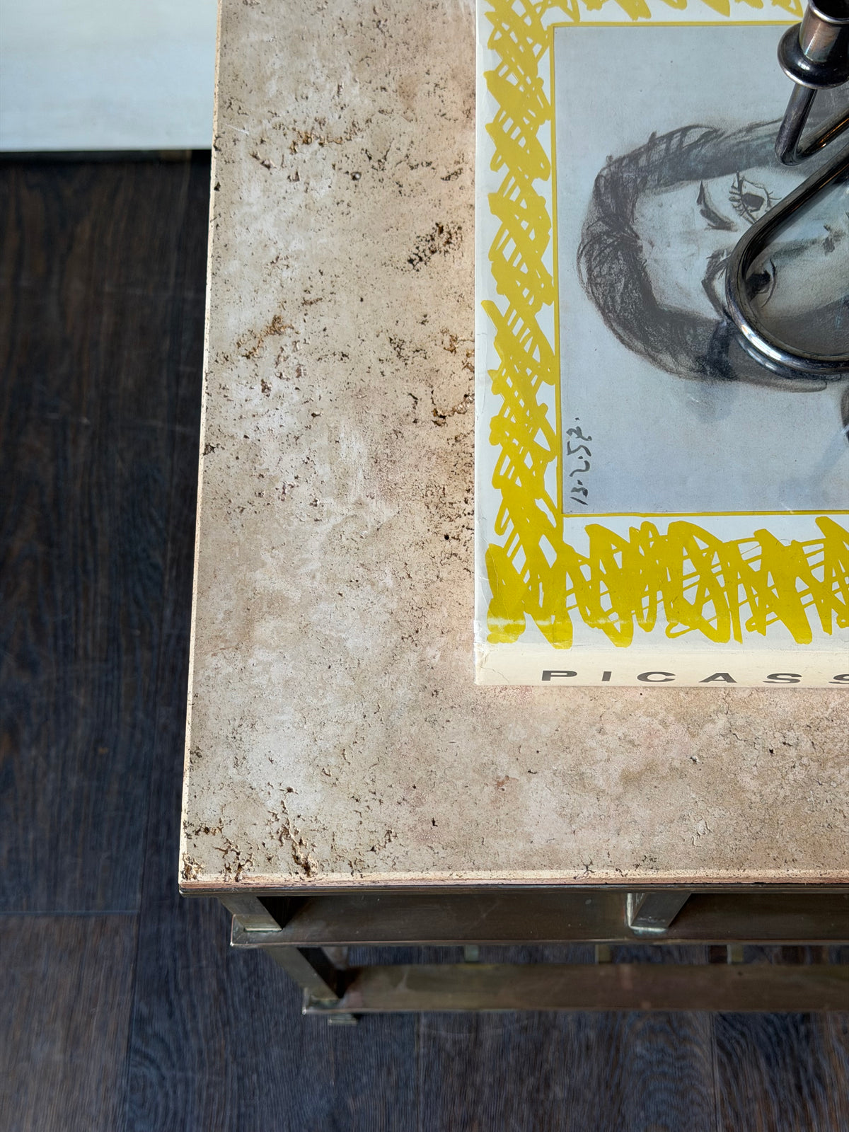 French Travertine and Brass End Table