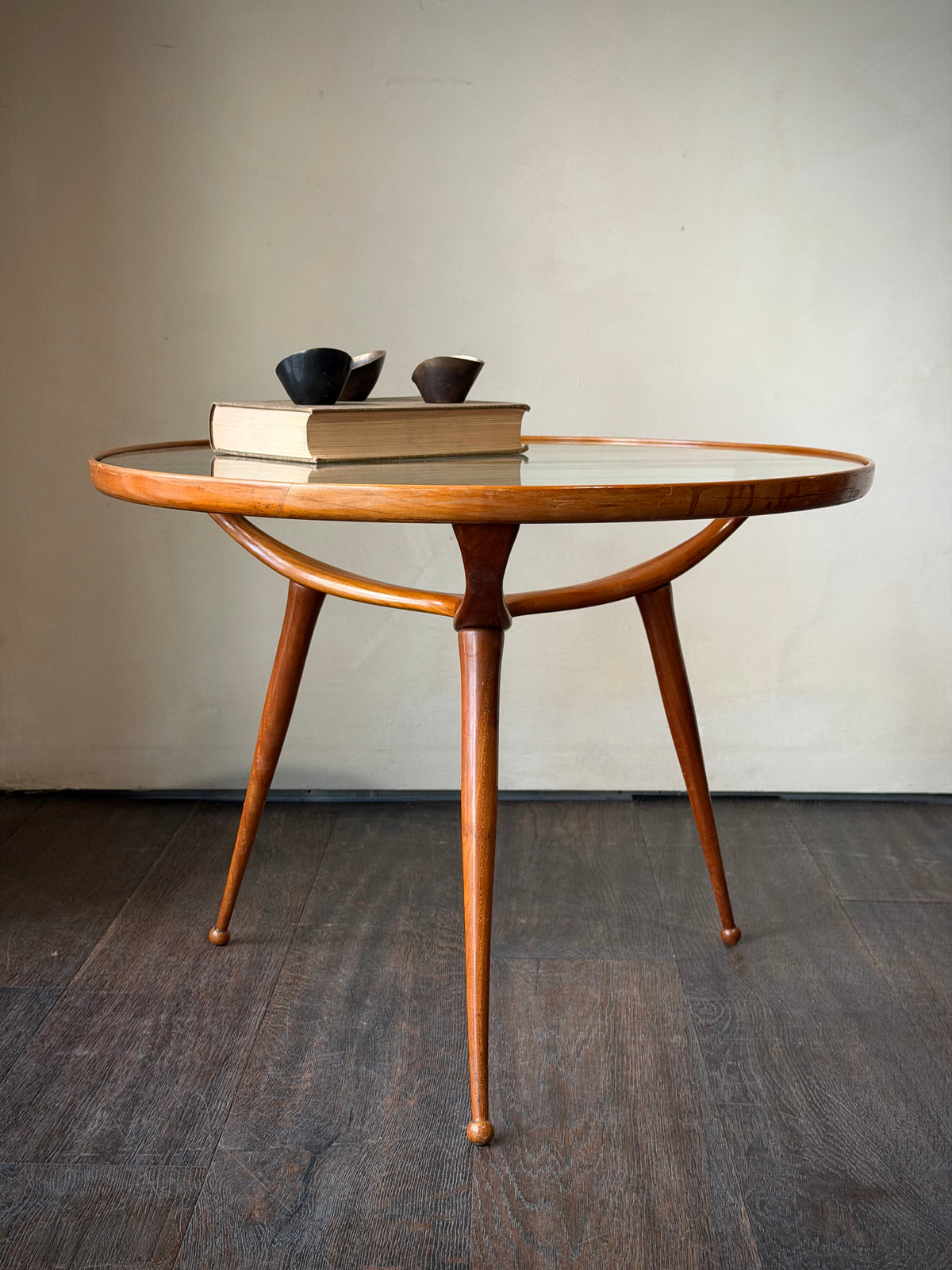Italian Mid-Century Tripod Coffee Table with Glass Top