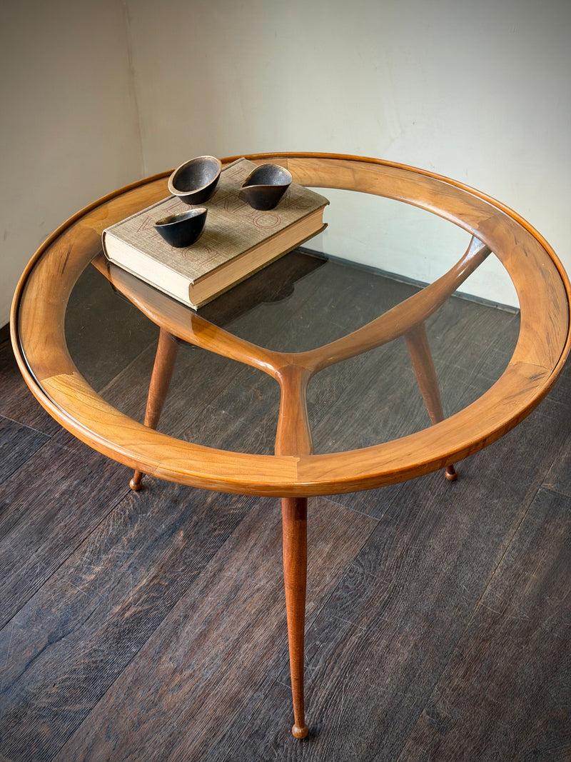 Italian Mid-Century Tripod Coffee Table with Glass Top