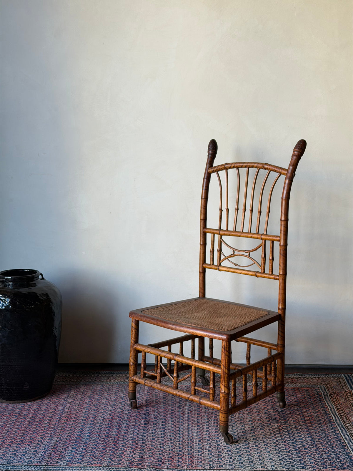 Antique English Bamboo Slipper Chair with Caned Seat and Casters, 19th Century