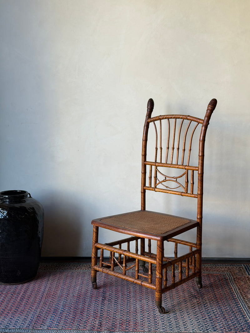 Antique English Bamboo Slipper Chair with Caned Seat and Casters, 19th Century
