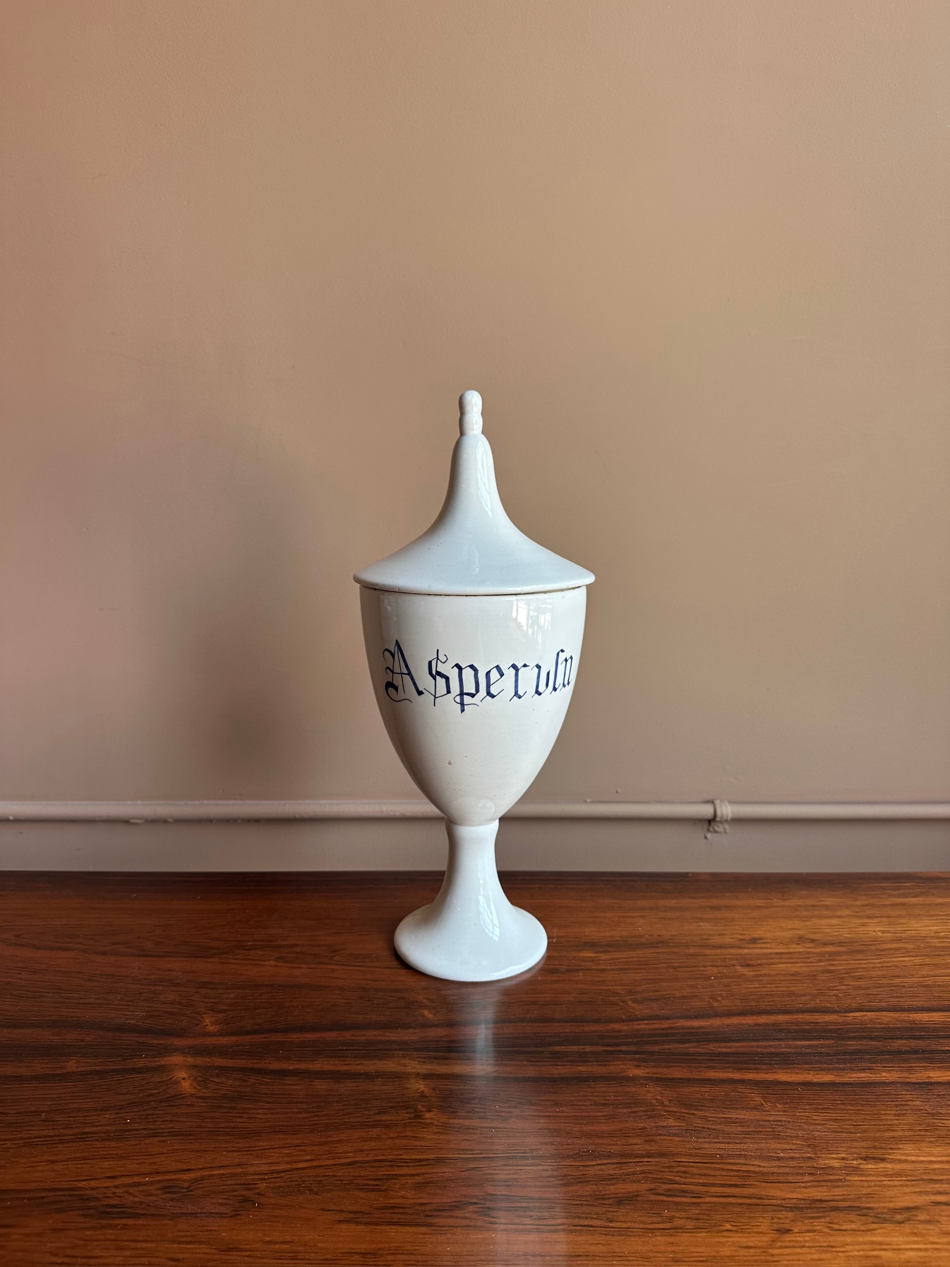 Antique Italian Ceramic Apothecary Jar, Asperula