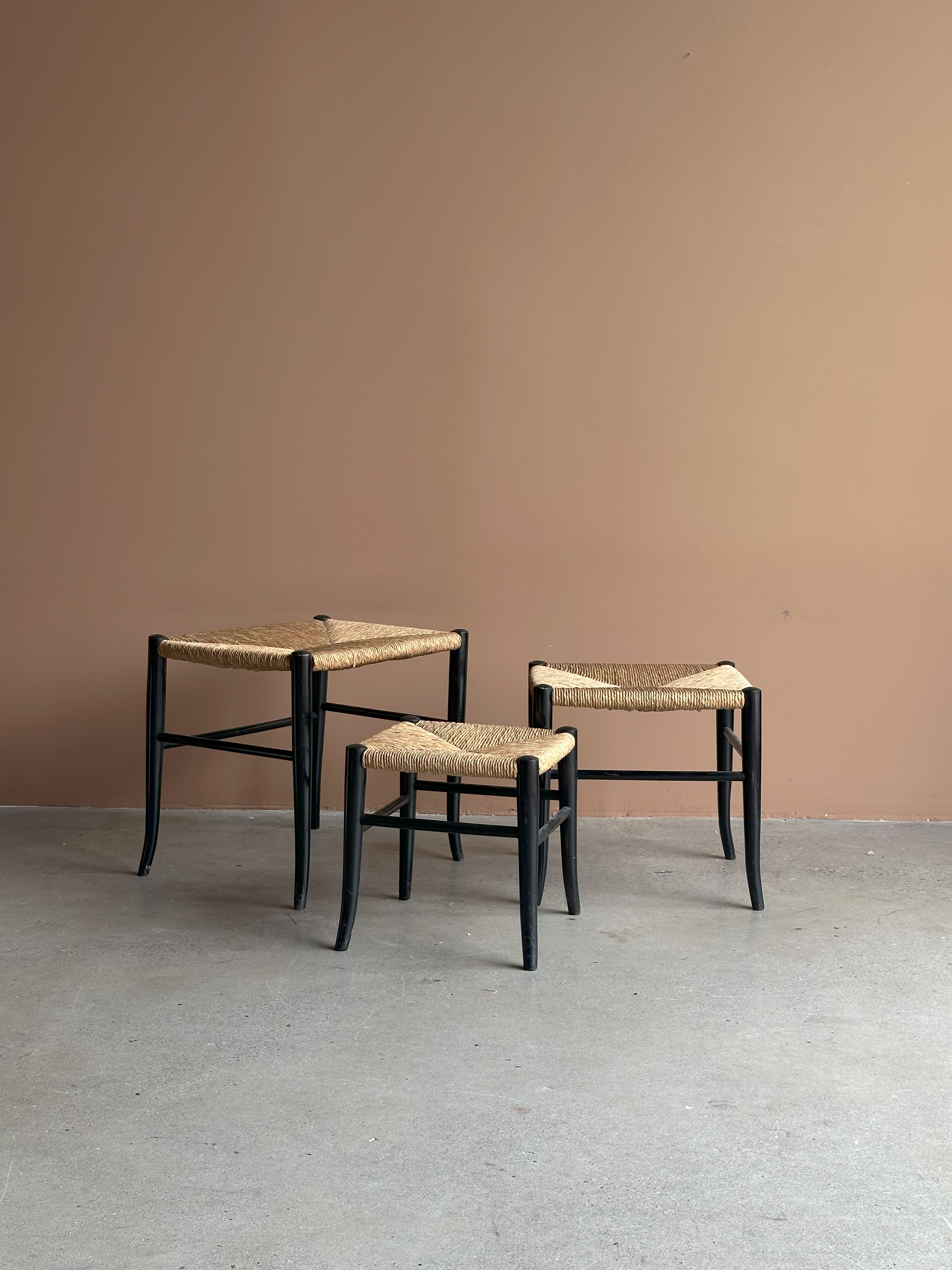 Set of 3 Rush Seat Nesting Stools in style of Gio Ponti