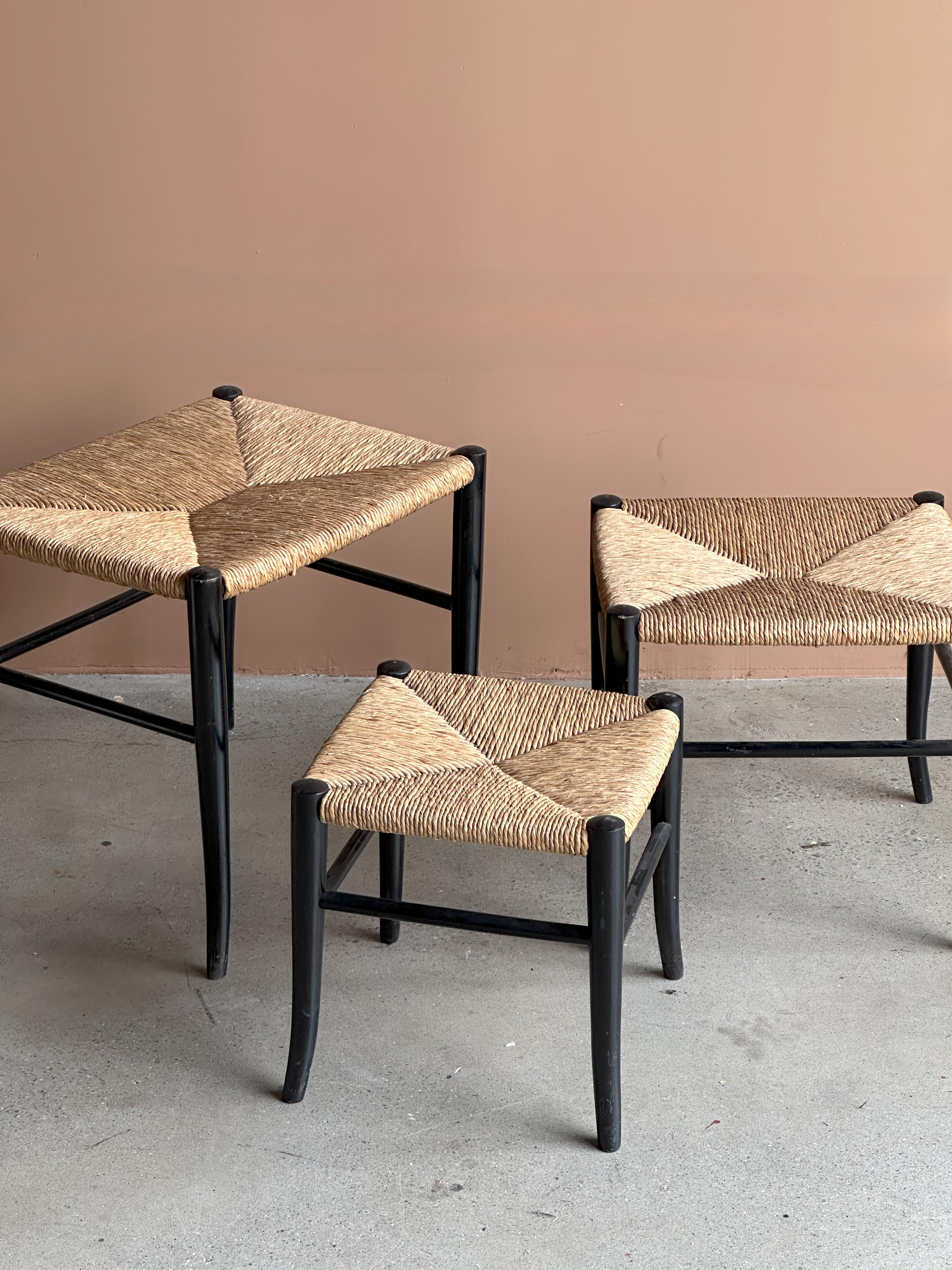 Set of 3 Rush Seat Nesting Stools in style of Gio Ponti