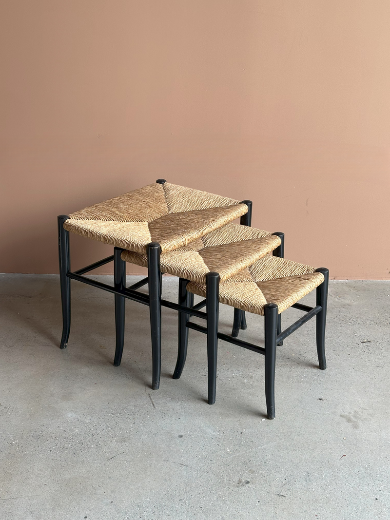 Set of 3 Rush Seat Nesting Stools in style of Gio Ponti