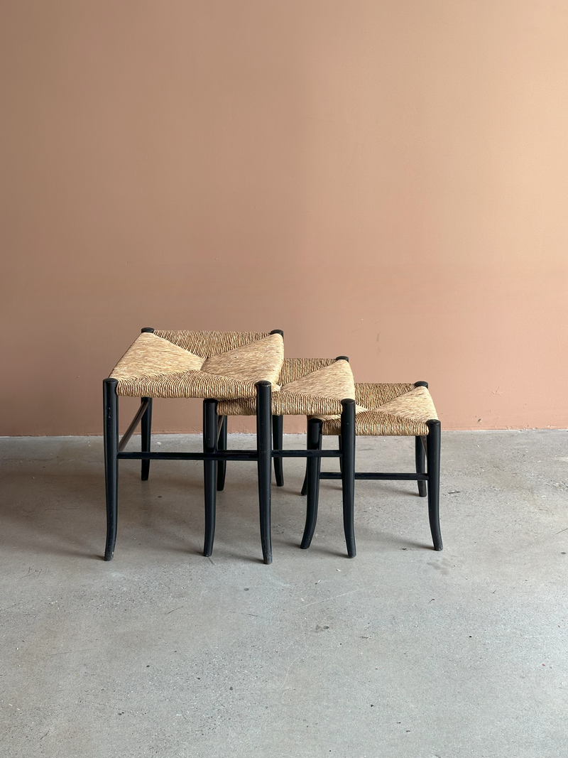 Set of 3 Rush Seat Nesting Stools in style of Gio Ponti