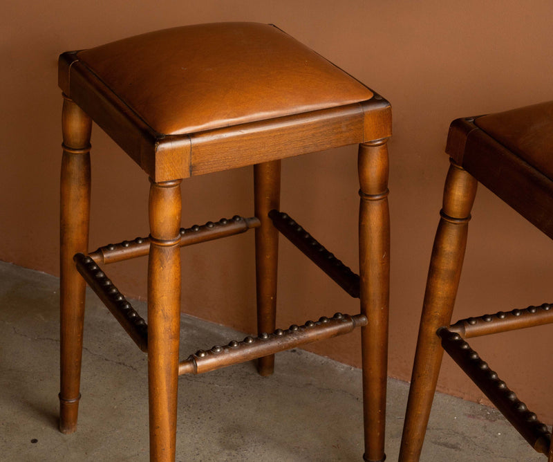 German Beech and Leather Counter Stools c. 1970s, Pair