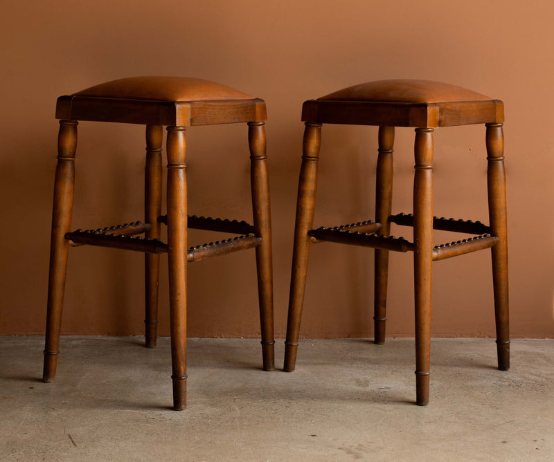 German Beech and Leather Counter Stools c. 1970s, Pair