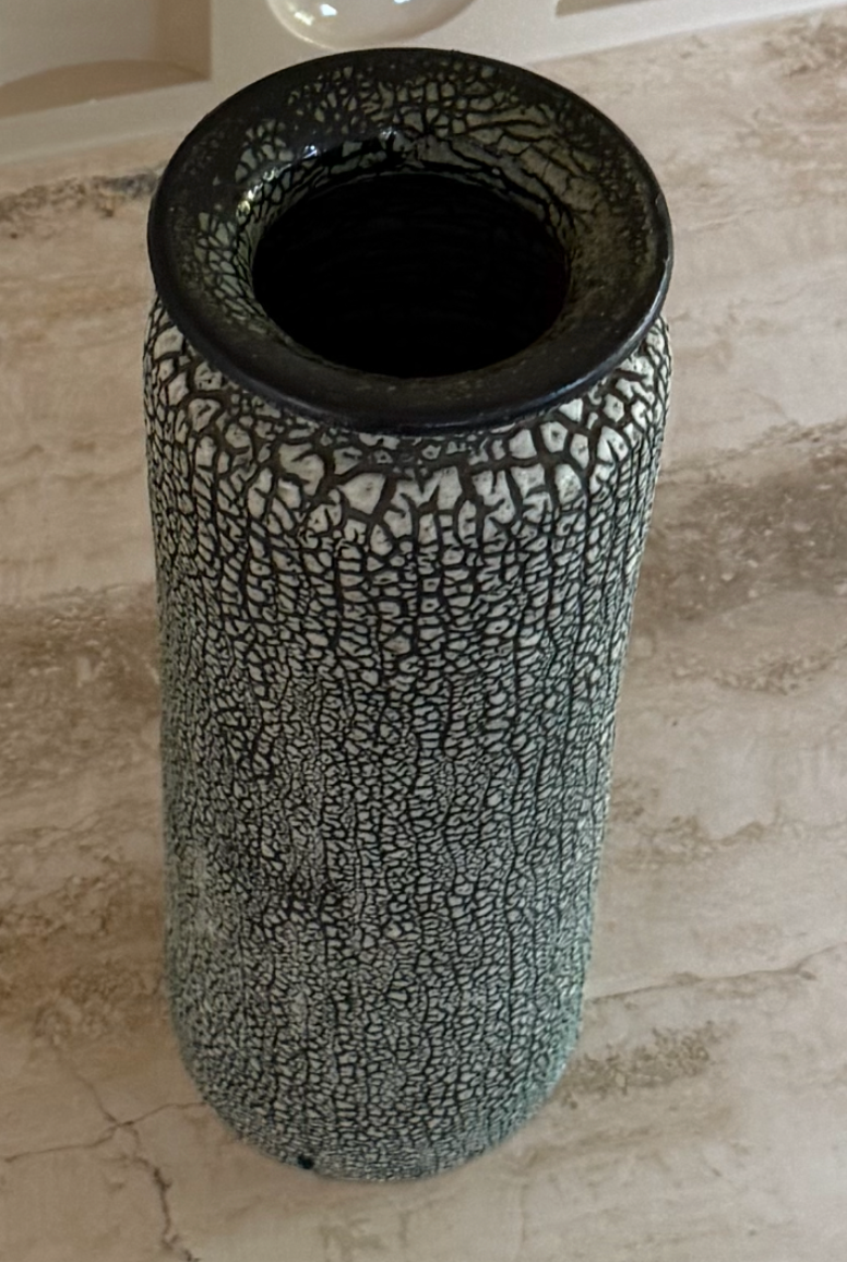 Large Black and Ivory Crackle Glazed Studio Pottery Vase