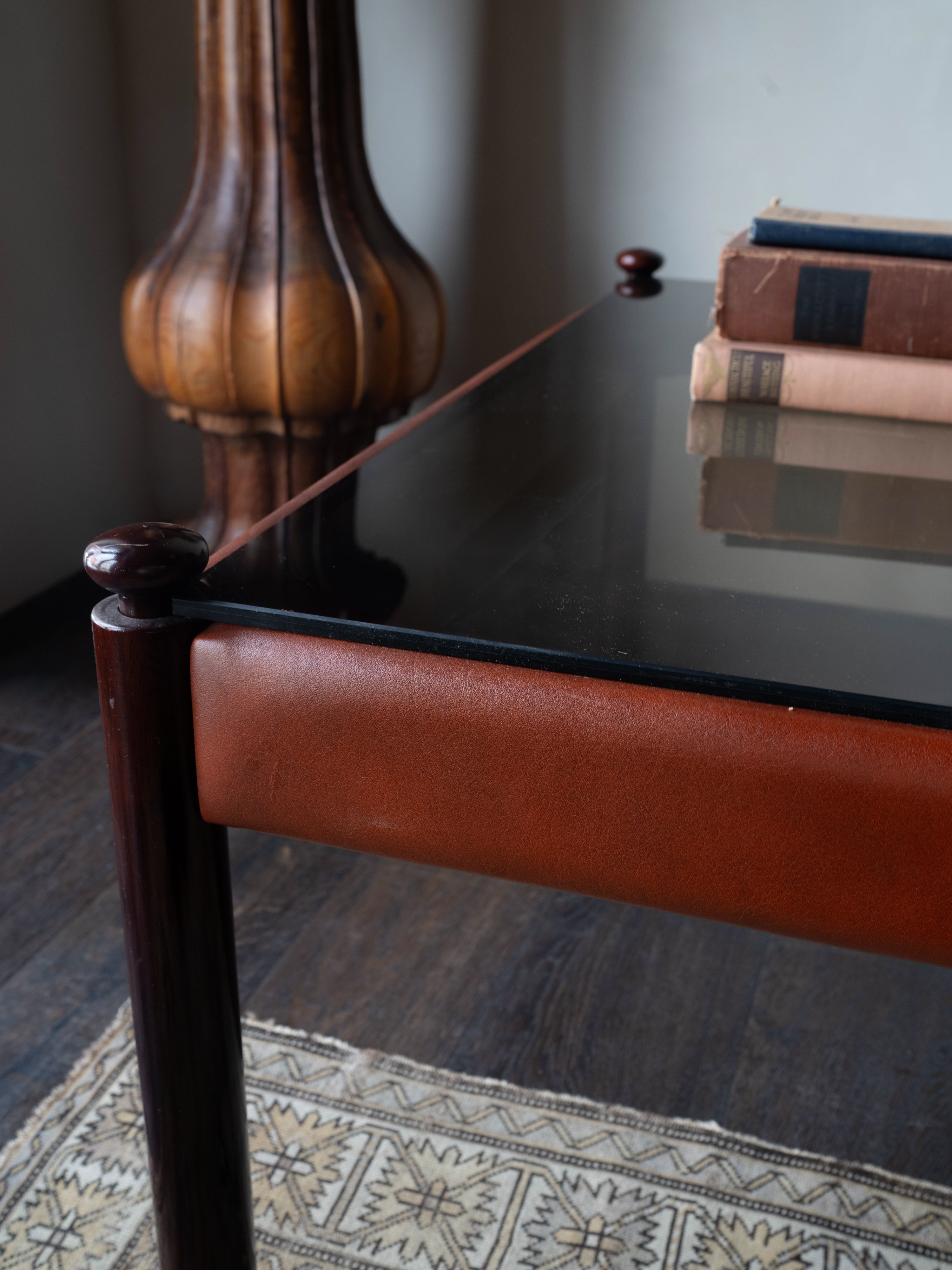 Smoked glass and Leather Coffee Table