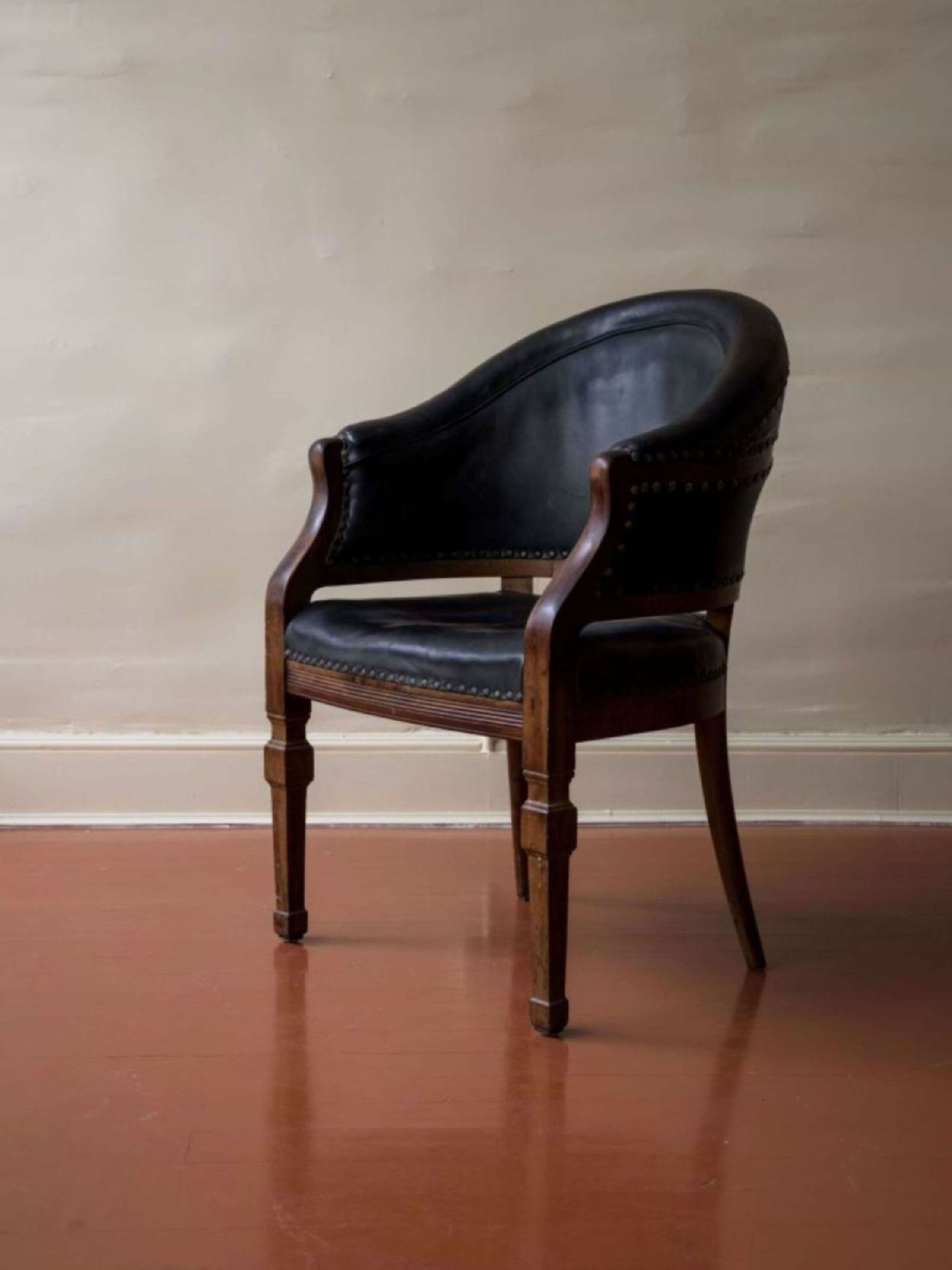Walnut and Leather Barrel-back Chairs