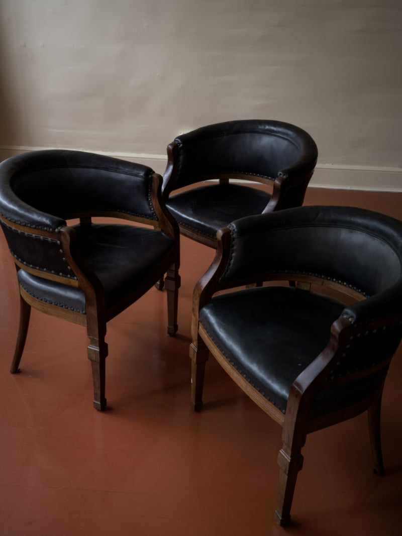 Walnut and Leather Barrel-back Chairs