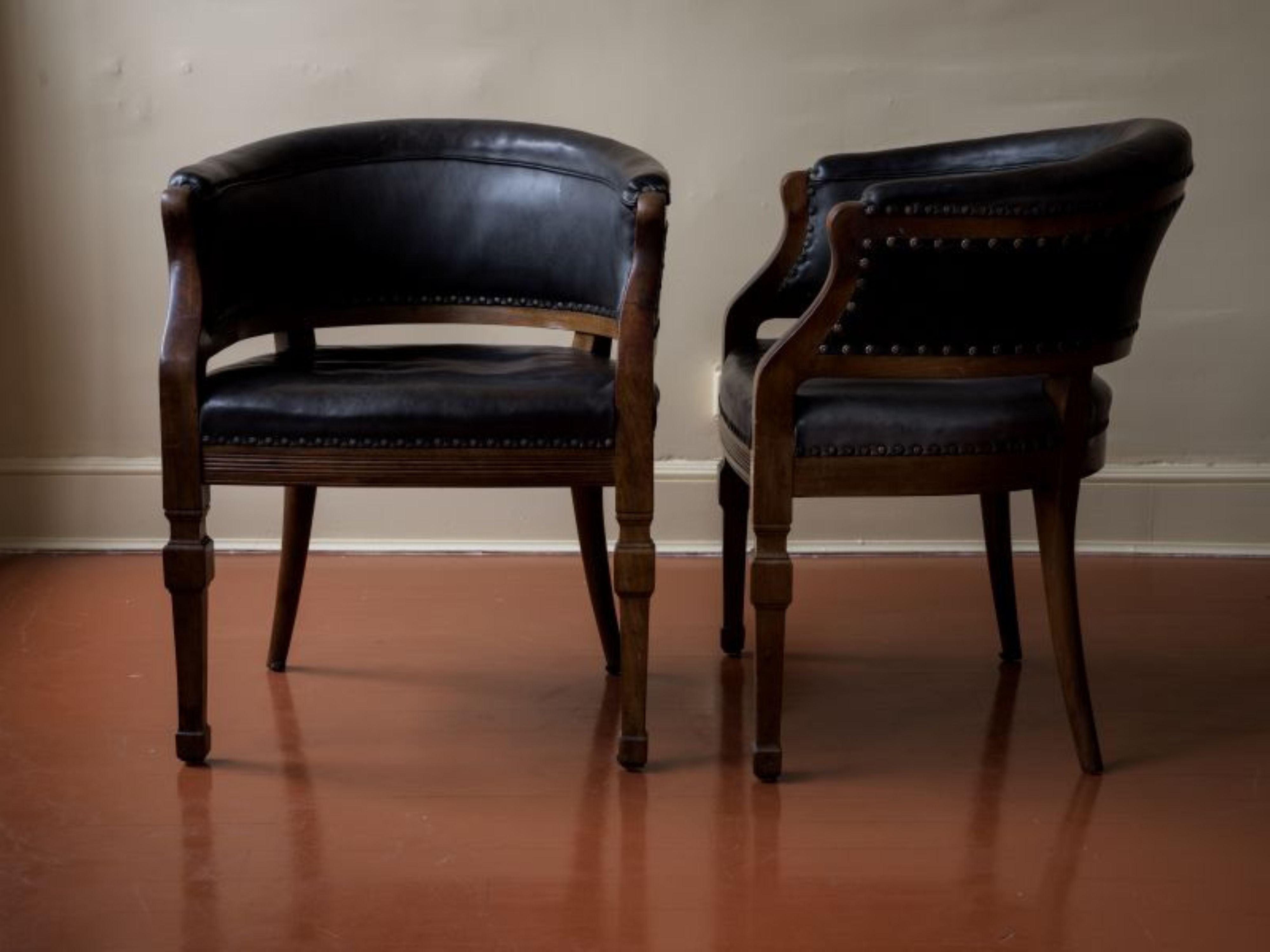 Walnut and Leather Barrel-back Chairs