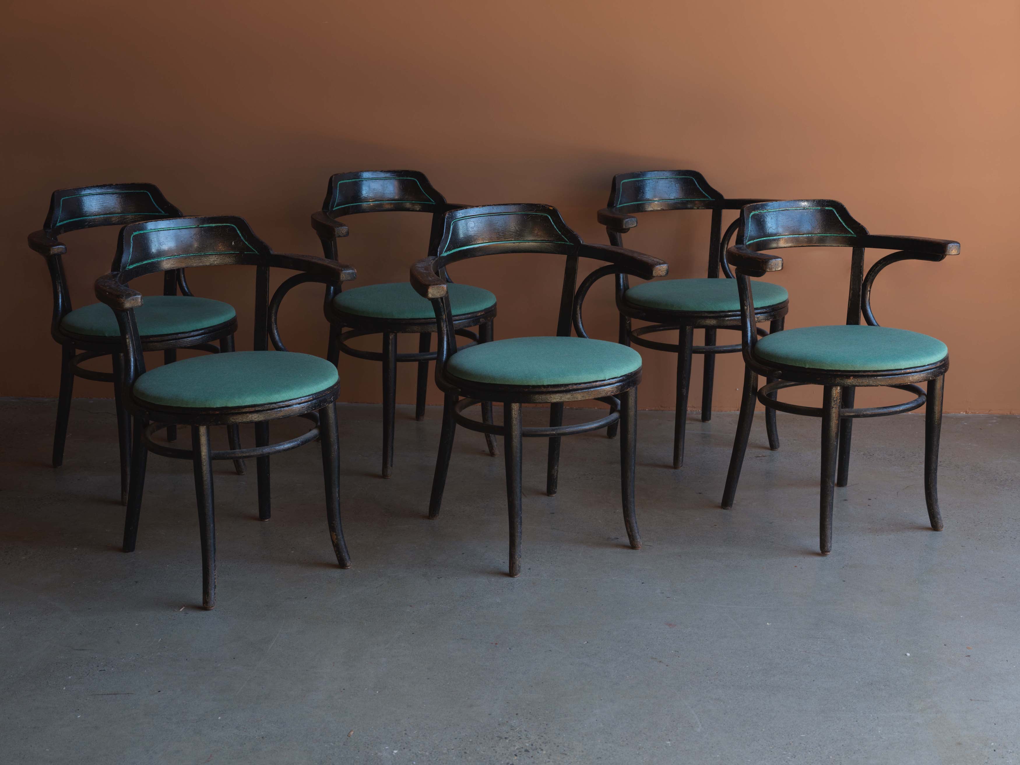 Set of 6 Painted Black and Green Dining Chairs, c. 1950
