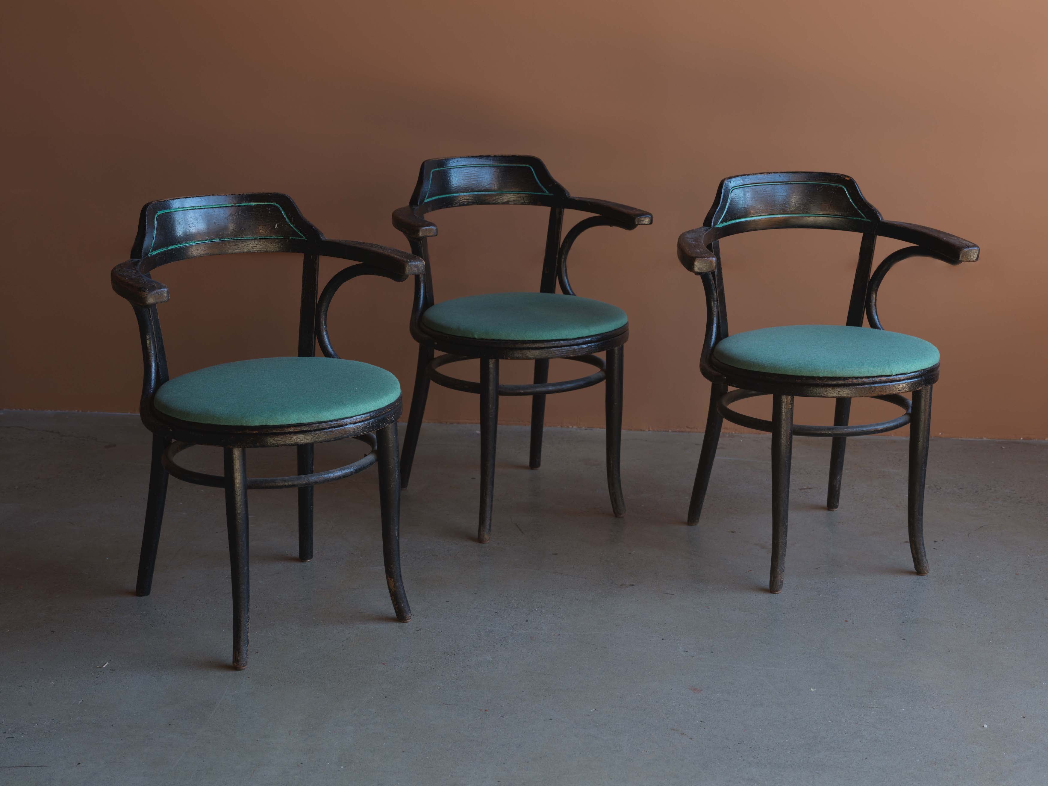 Set of 6 Painted Black and Green Dining Chairs, c. 1950